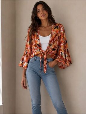 Helene Berman Multicolor Abstract Tie-Front Blouse — Pink & Orange Accents